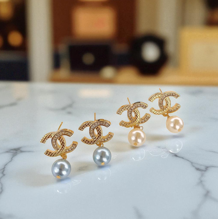 Golden Pave CC & Pearl Drop Earrings Sterling Silver Post Earrings