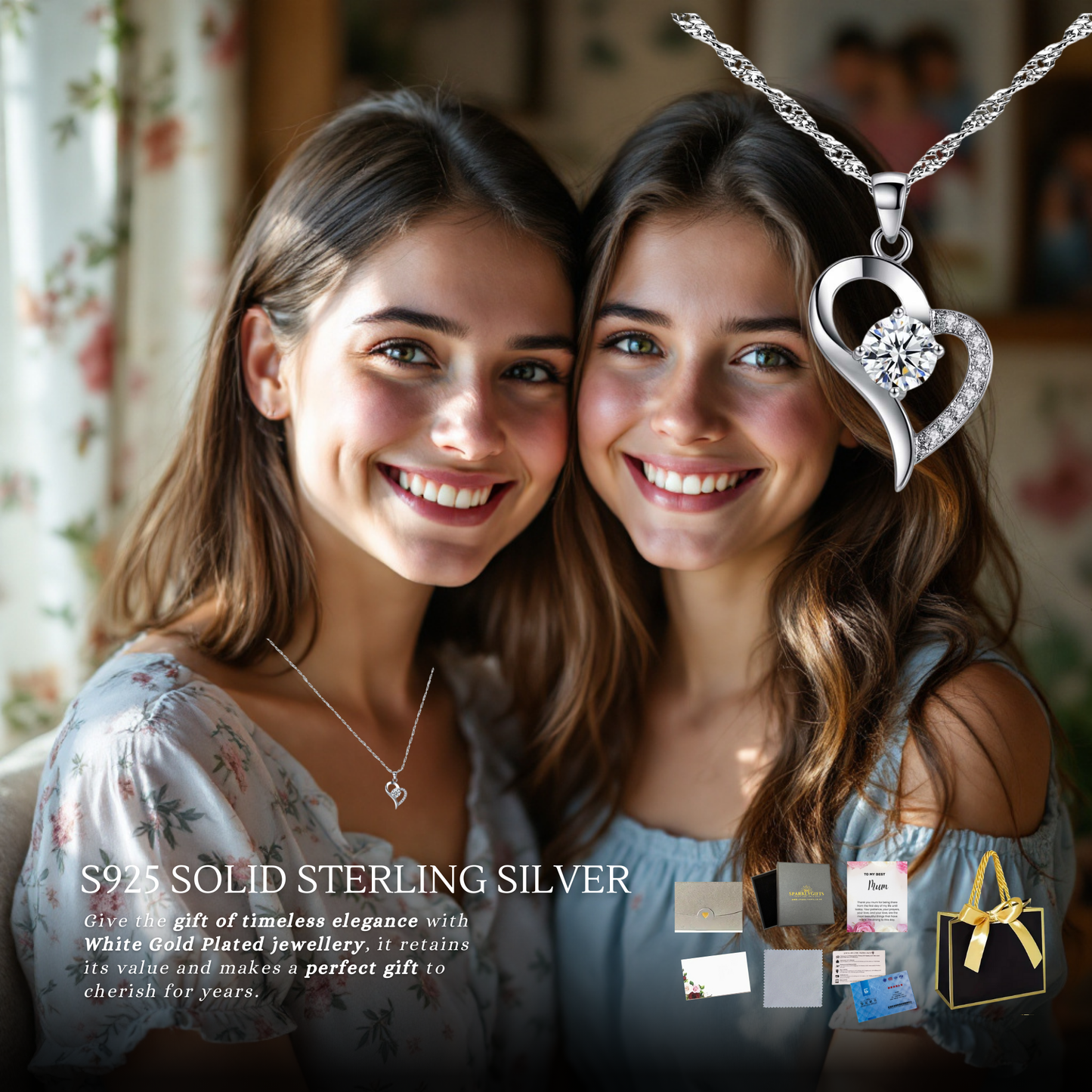 S925 Sterling Silver Heart C/Z Pendant Necklace with Message Card For Mum