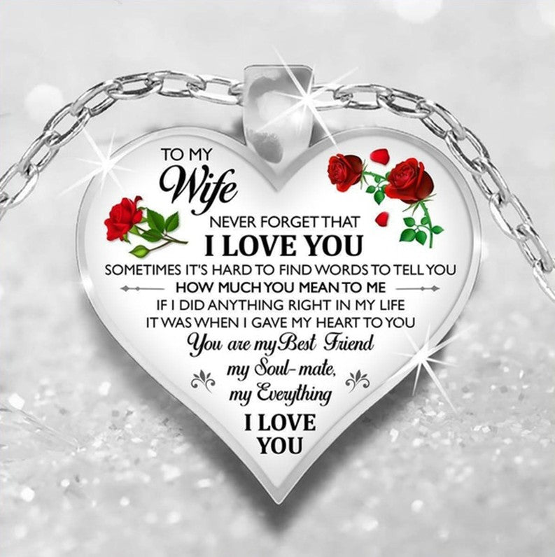 To My Wife Love Heart-Shaped Red Rose Silver Tone Pendant Necklace