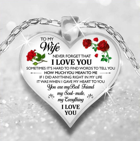 To My Wife Love Heart-Shaped Red Rose Silver Tone Pendant Necklace