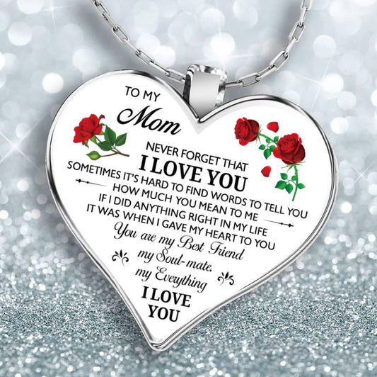 To My Mum Love Heart Red Rose Flower Silver Tone Pendant Necklace