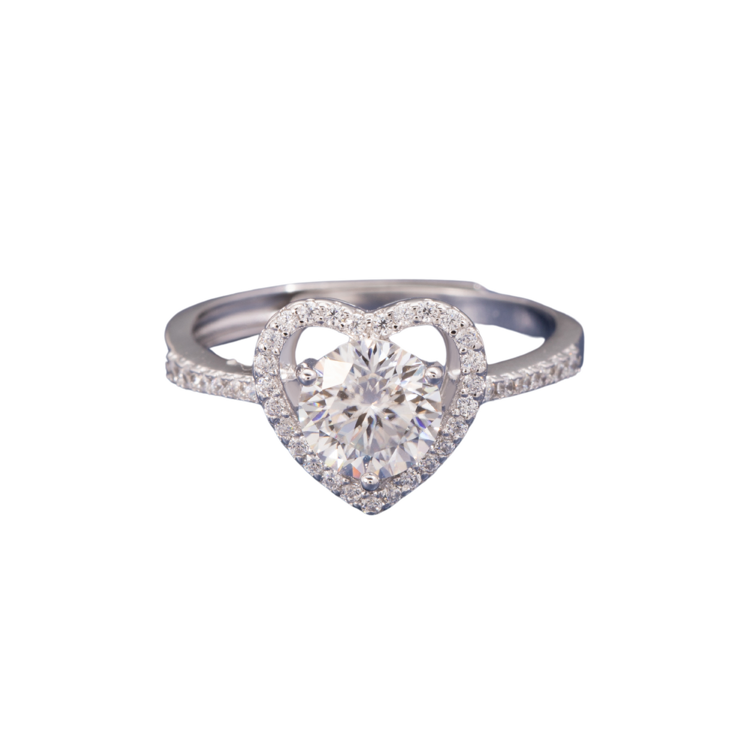 Sterling Silver Halo Heart Moissanite Ring One carat Open Adjustable Ring