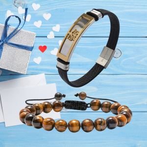 Men Bracelet Black Genuine Leather Stainless Steel Tree of Life and Tiger Beads Bracelet Set