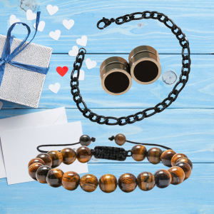 Stainless Steel Gunmetal Black Chunky Chain Links Men Bracelet, Magnetic Round Black Stud Earrings And Tiger Beads Bracelet Tri Set