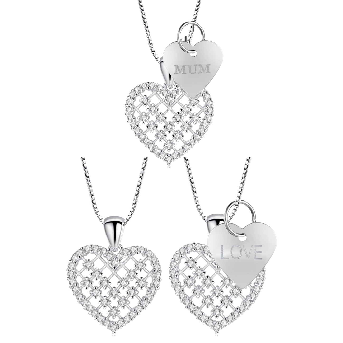 Silver Tone Crystal Heart Pendant Necklace with Love Mum Tag