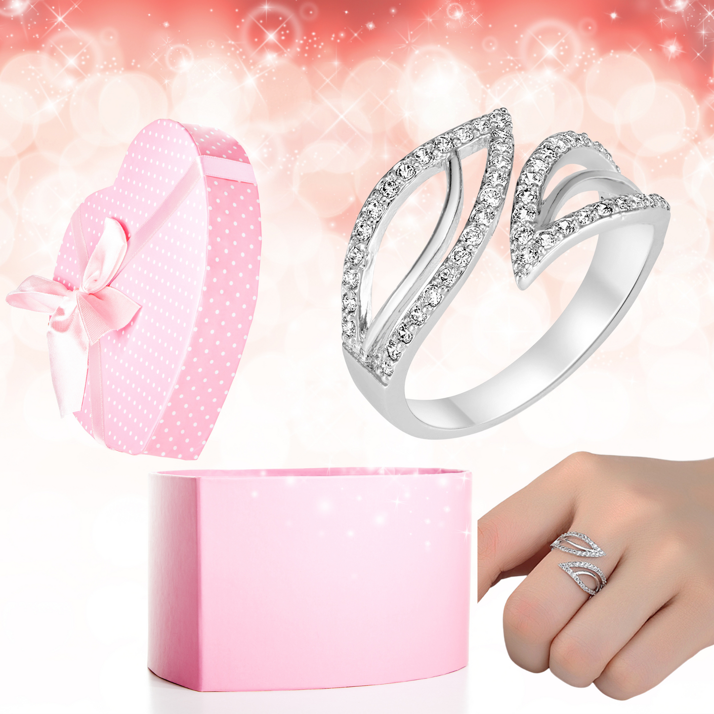 Adjustable Wrap Around Leaf Crystal Open Ring