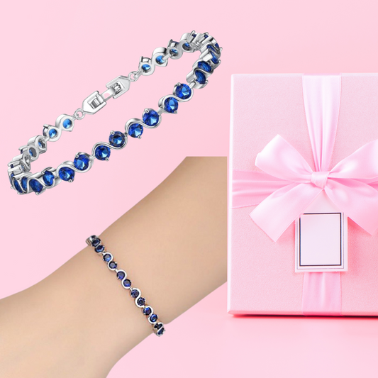 Rhodium Plated Link Bracelet with Royal Blue Cubic Zirconia