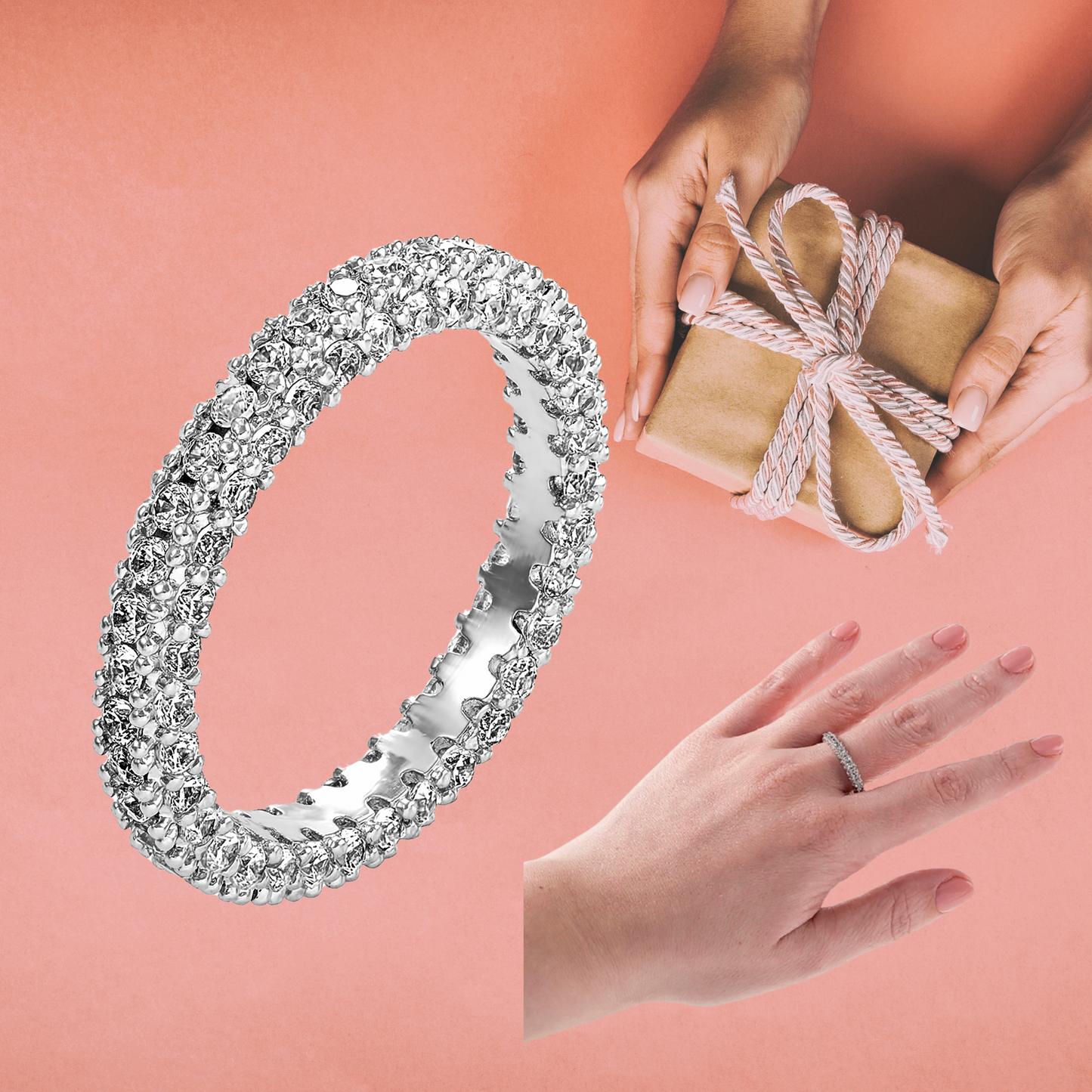 Eternity Engagement Wedding Band Ring with Clear or Blue Cubic Zirconia