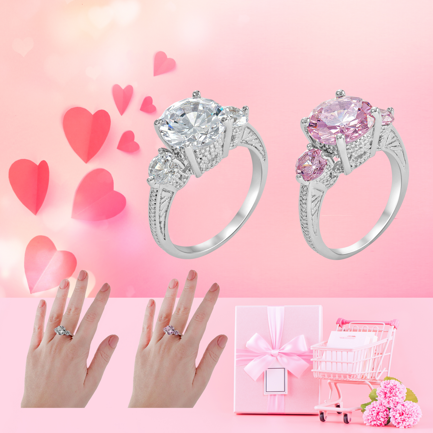 3-Crystals Clear or Pink Cubic Zirconia Ring