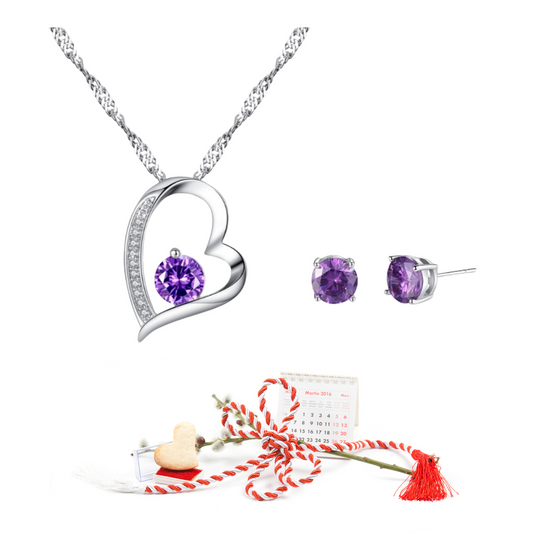 Sparkling Purple Heart Zircon Crystals Pendant Necklace & Earrings Set