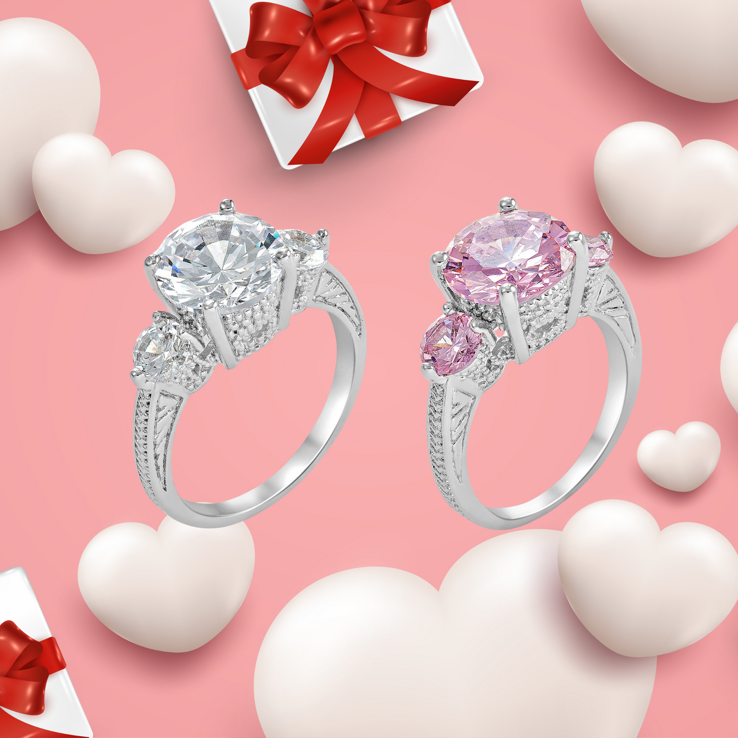 3-Crystals Clear or Pink Cubic Zirconia Ring