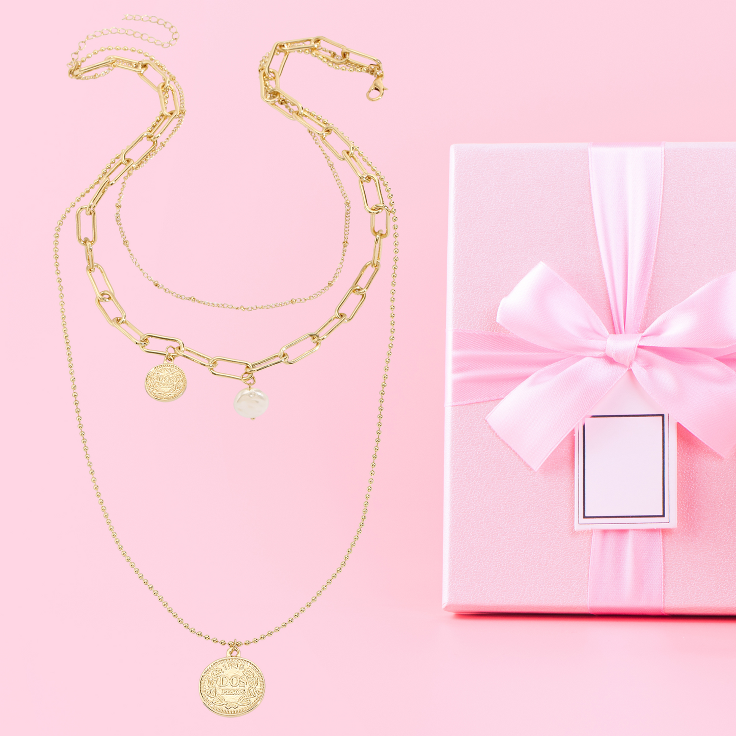 Triple Golden Chain with Pendants Layered Necklace