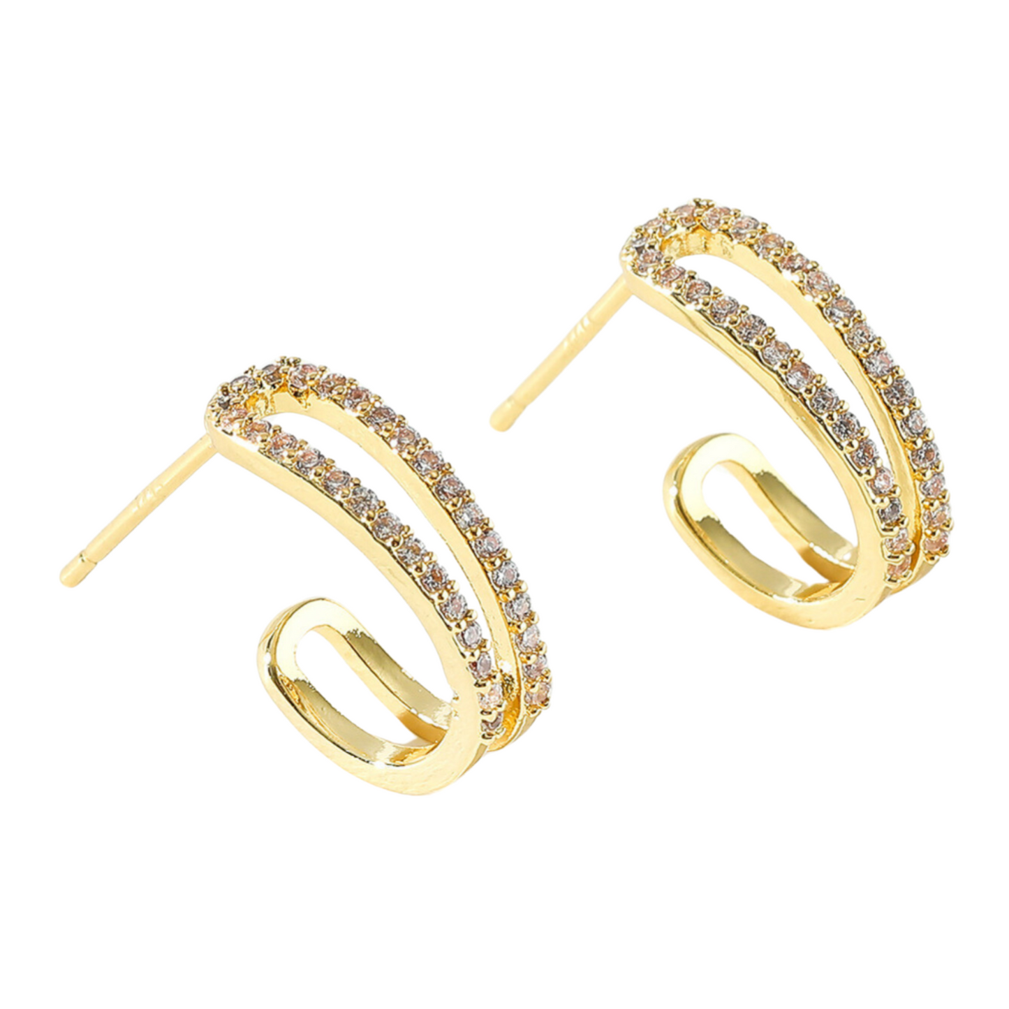 Double Crystal Band Stud Earring in Gold Tone
