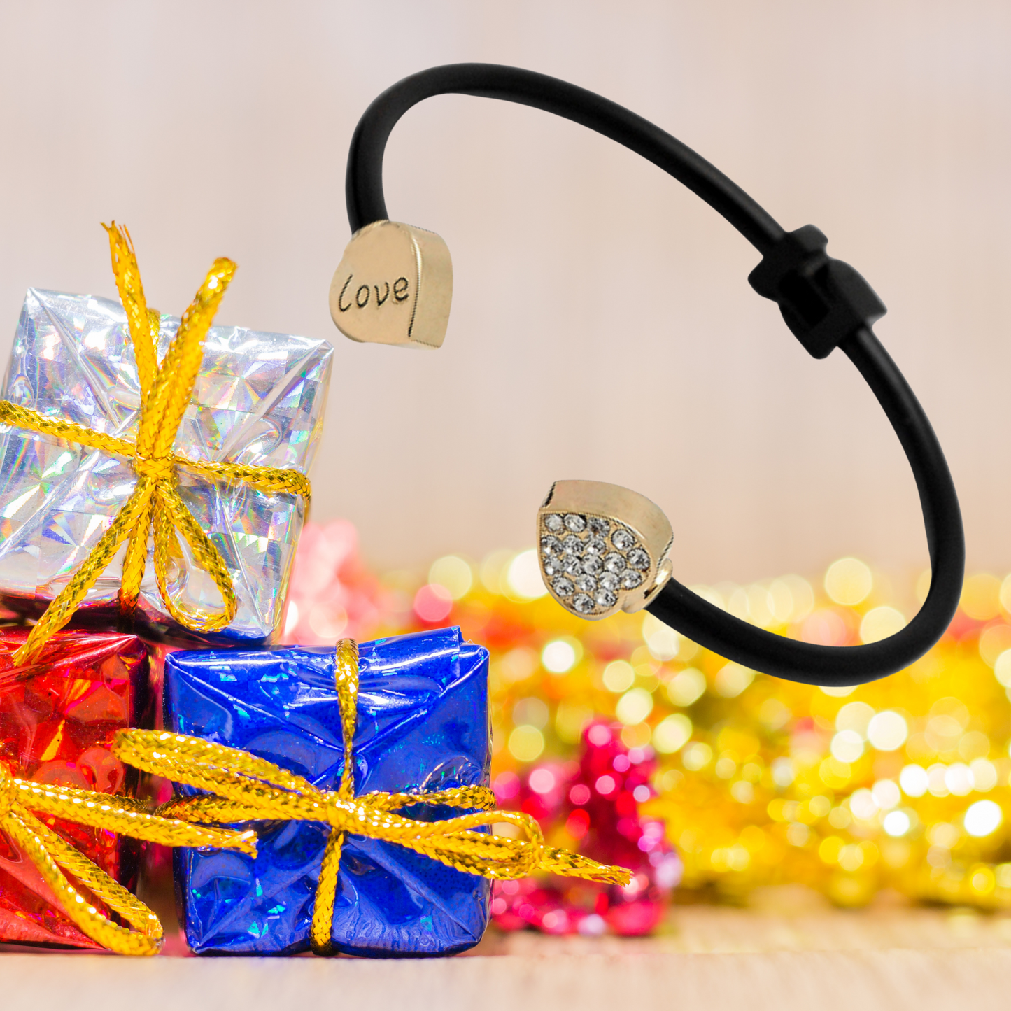 Love Zircon Crystal Filled Gold Tone Open Adjustable Bangle