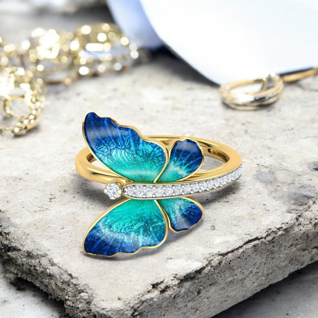 Stunning Gold Tone Blue Butterfly Ring