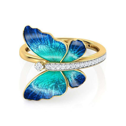 Stunning Gold Tone Blue Butterfly Ring