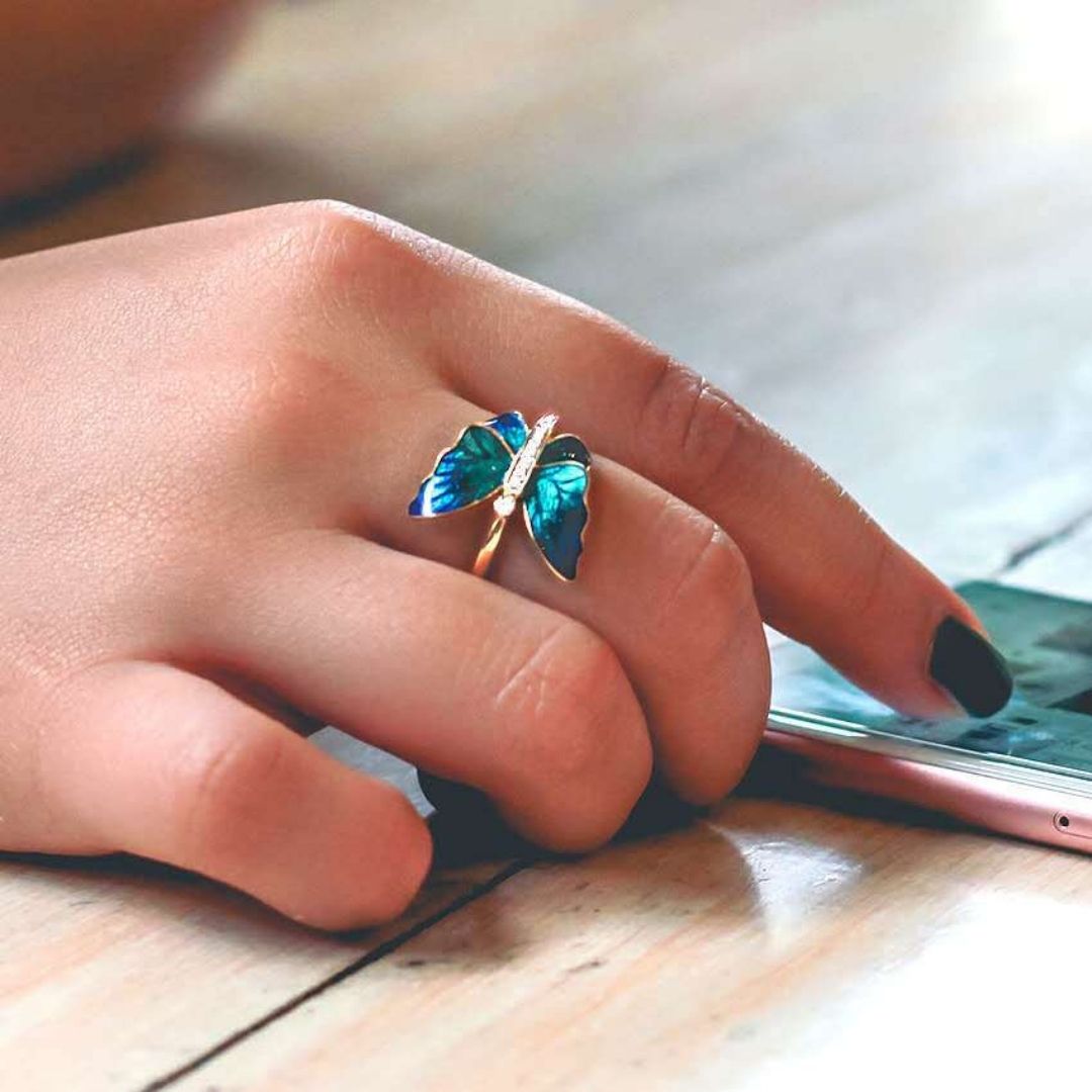 Stunning Gold Tone Blue Butterfly Ring