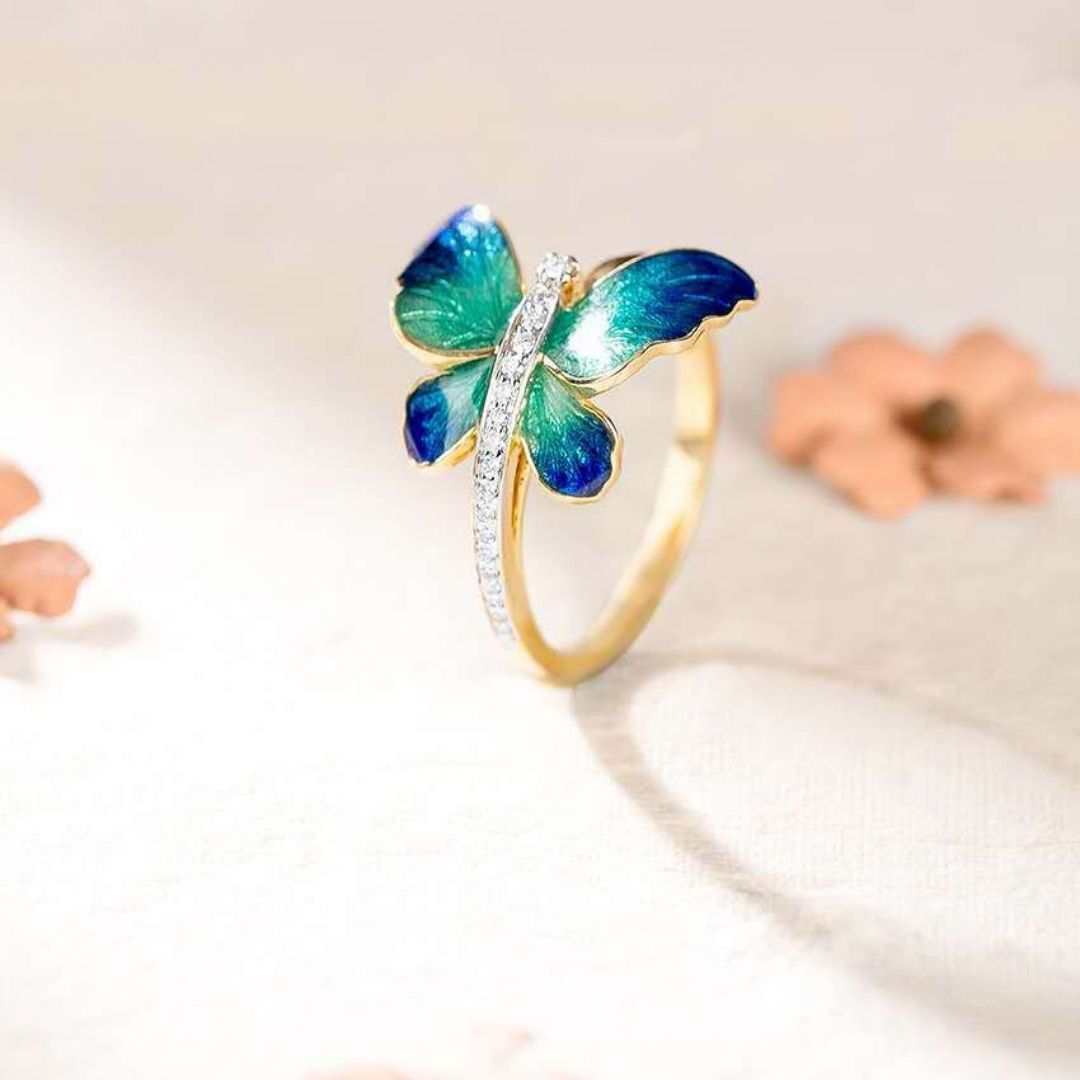 Stunning Gold Tone Blue Butterfly Ring