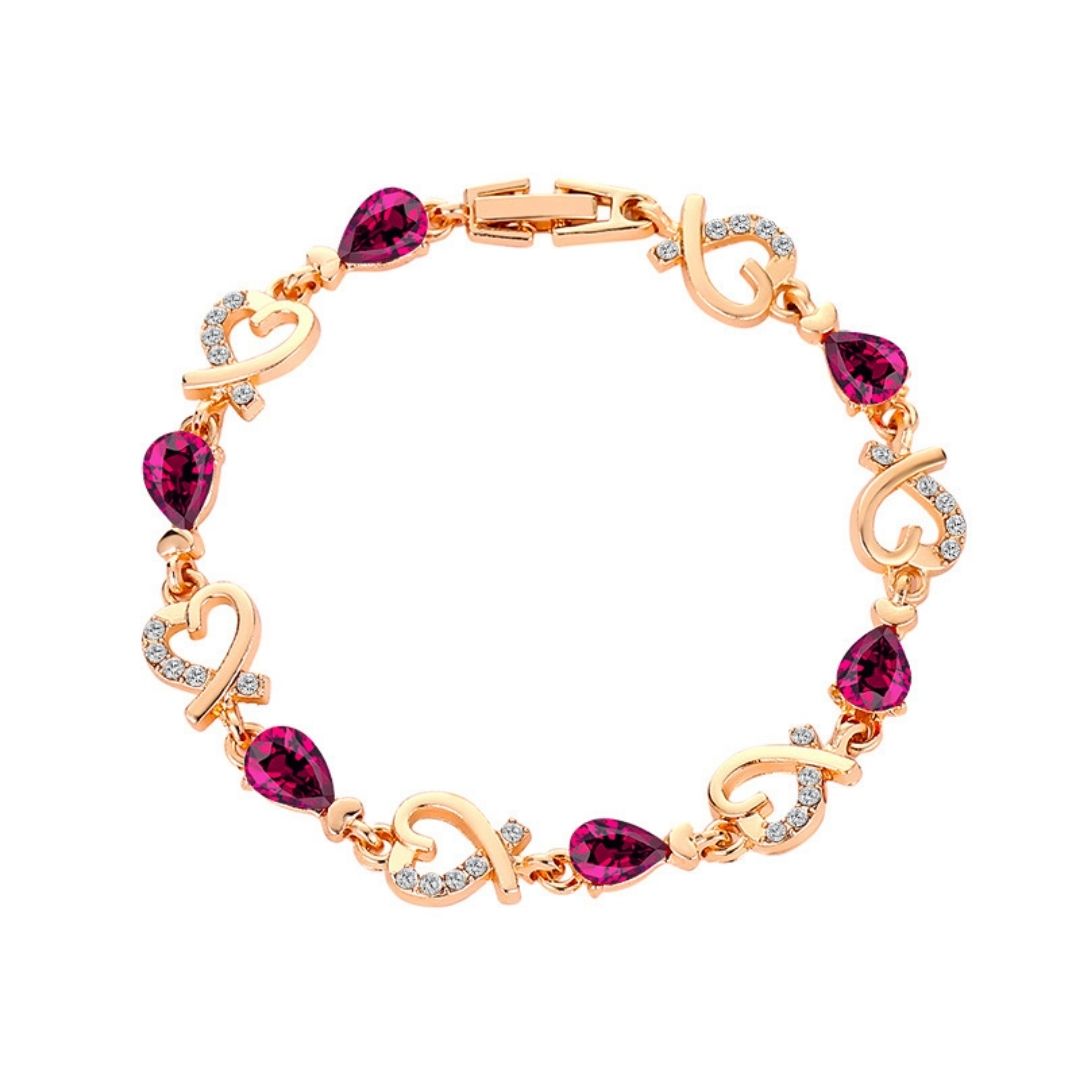 Rose Gold Linked Heart Bracelet with Coloured Stones