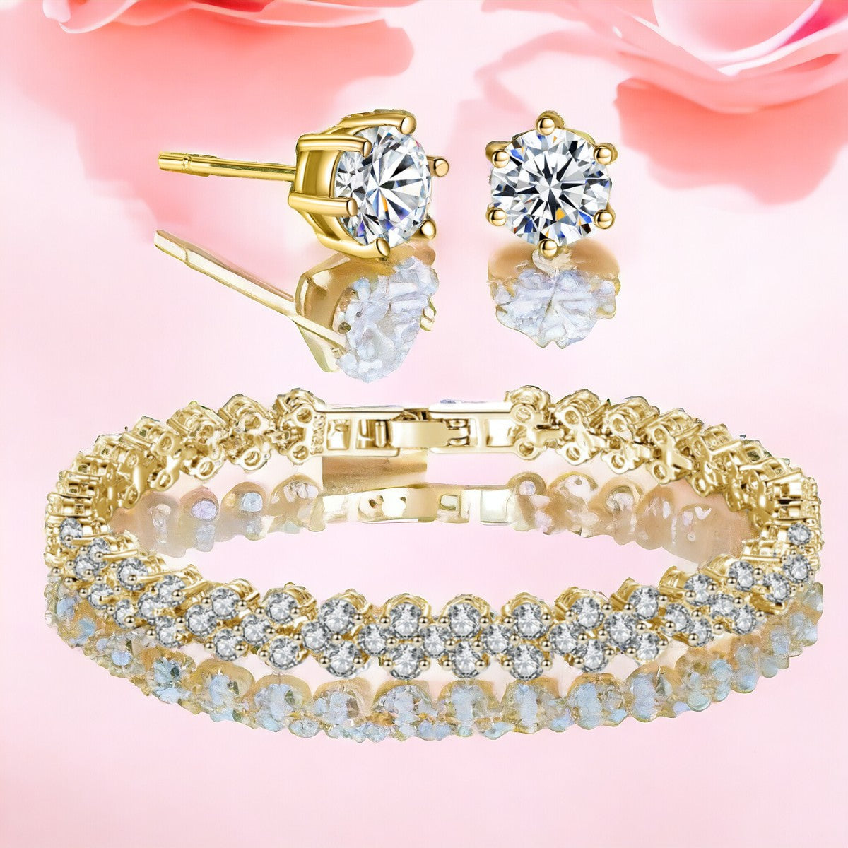 Gold Tennis Bracelet and Earrings Set Cubic Zirconia Jewellery Set