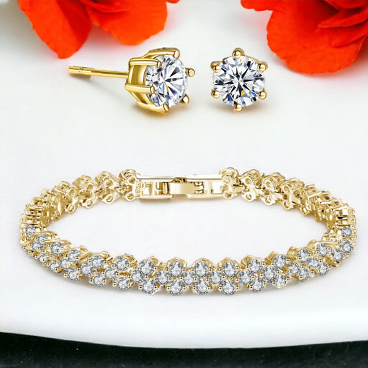 Gold Tennis Bracelet and Earrings Set Cubic Zirconia Jewellery Set