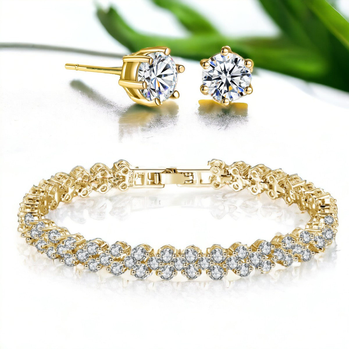 Gold Tennis Bracelet and Earrings Set Cubic Zirconia Jewellery Set