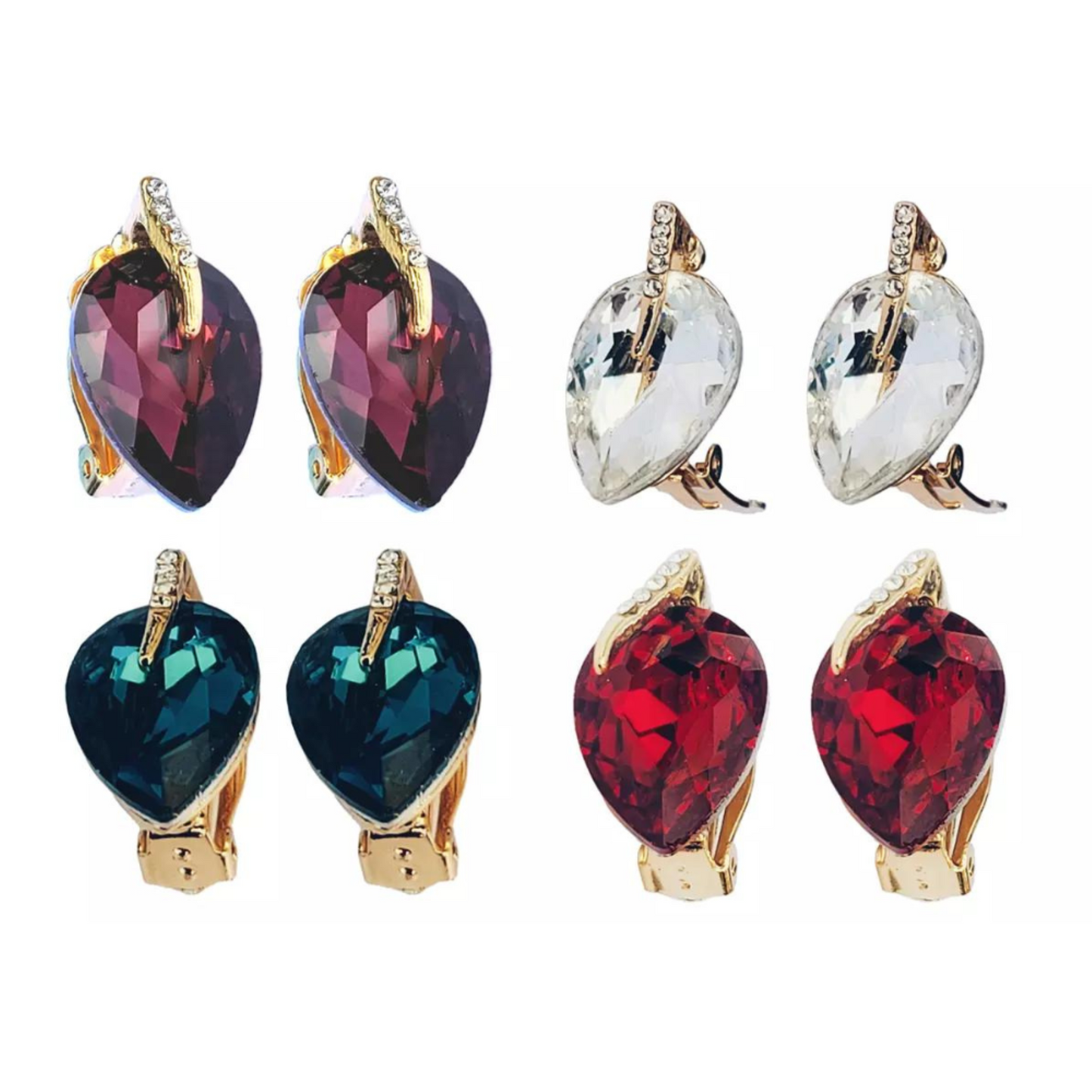 Crystal Gold Tone Leaf Stud Clip On Non Pierced Earrings – Blue, Red, Clear or Purple