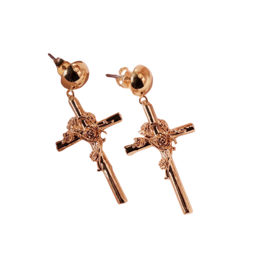 Rose Gold Tone Rose flower Cross drop earrings