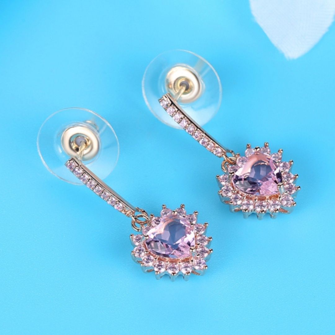 Heart Drop Earrings with Pink Cubic Zirconia Crystals
