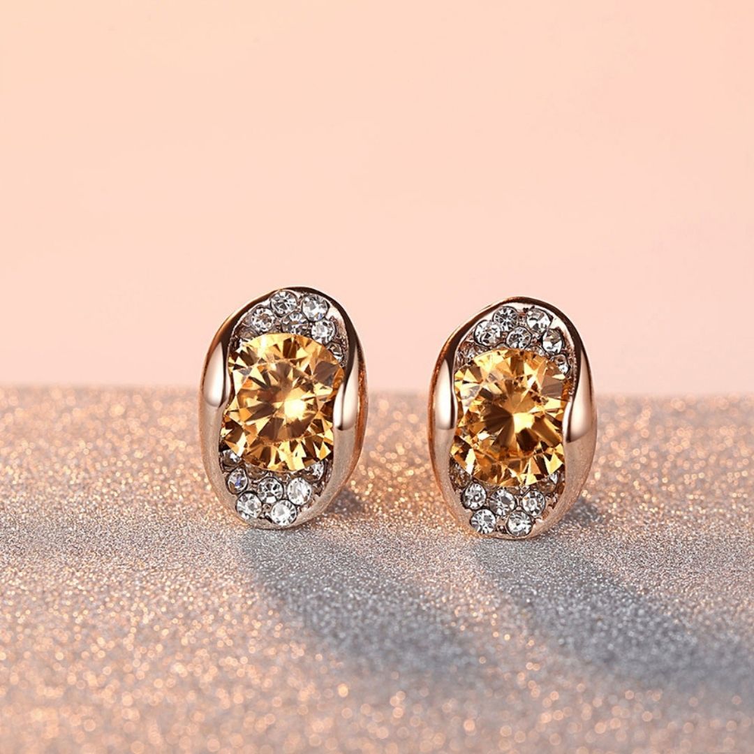 Rose Gold Plated Stud Earrings with Clear or Amber Crystals