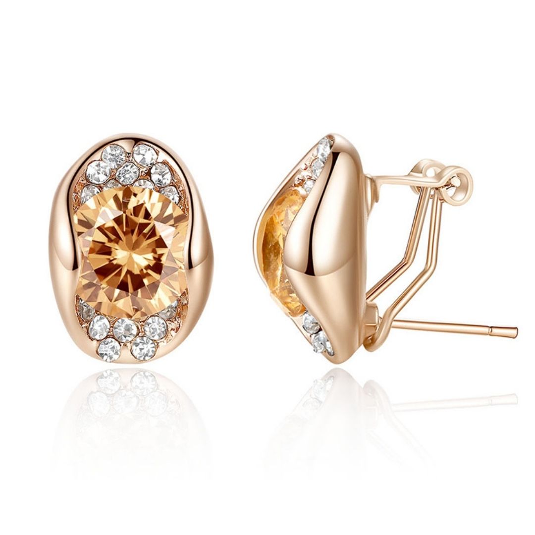 Rose Gold Plated Stud Earrings with Clear or Amber Crystals