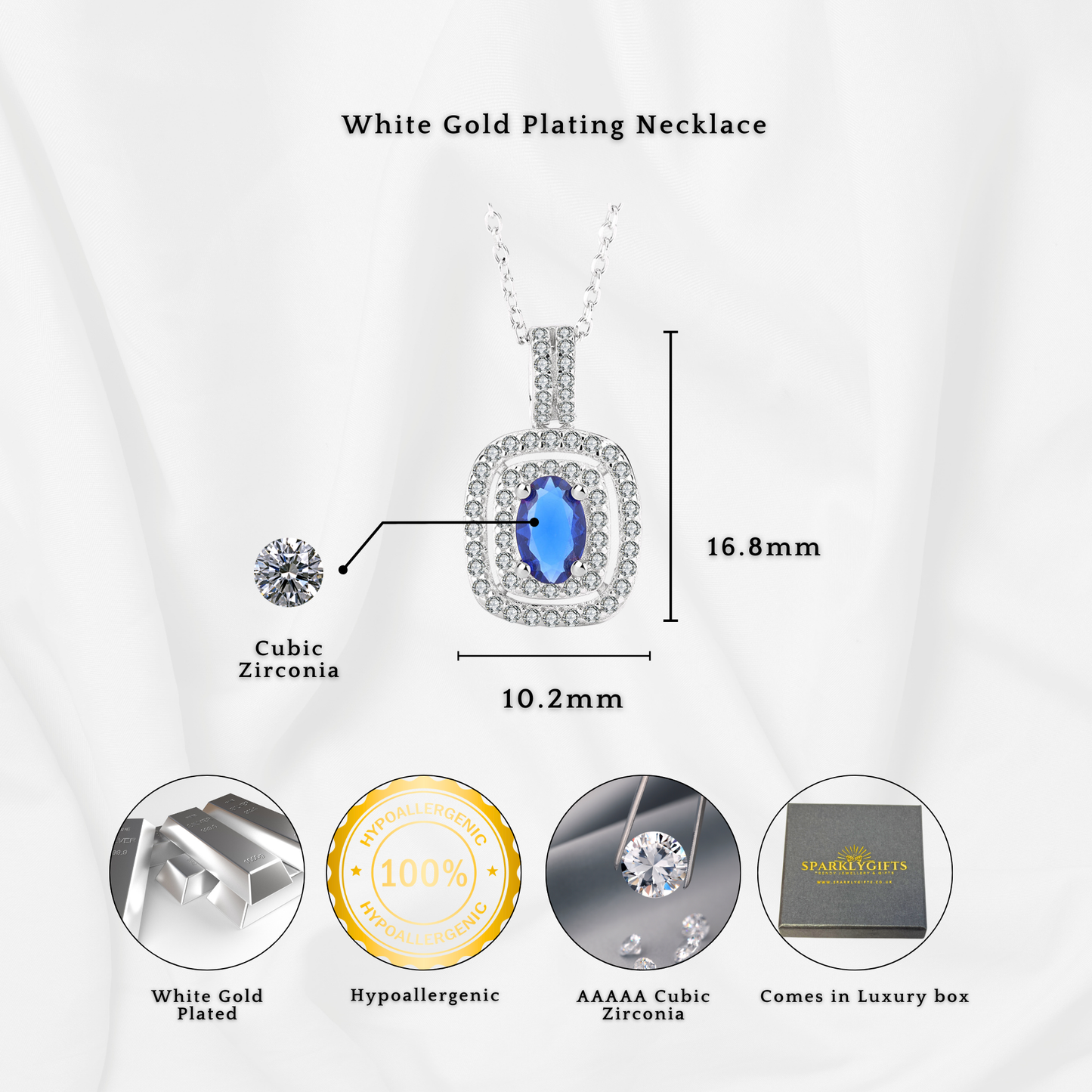 Sterling Silver Double Halo Blue Aura Sapphire C/Z Rectangle Pendant Necklace