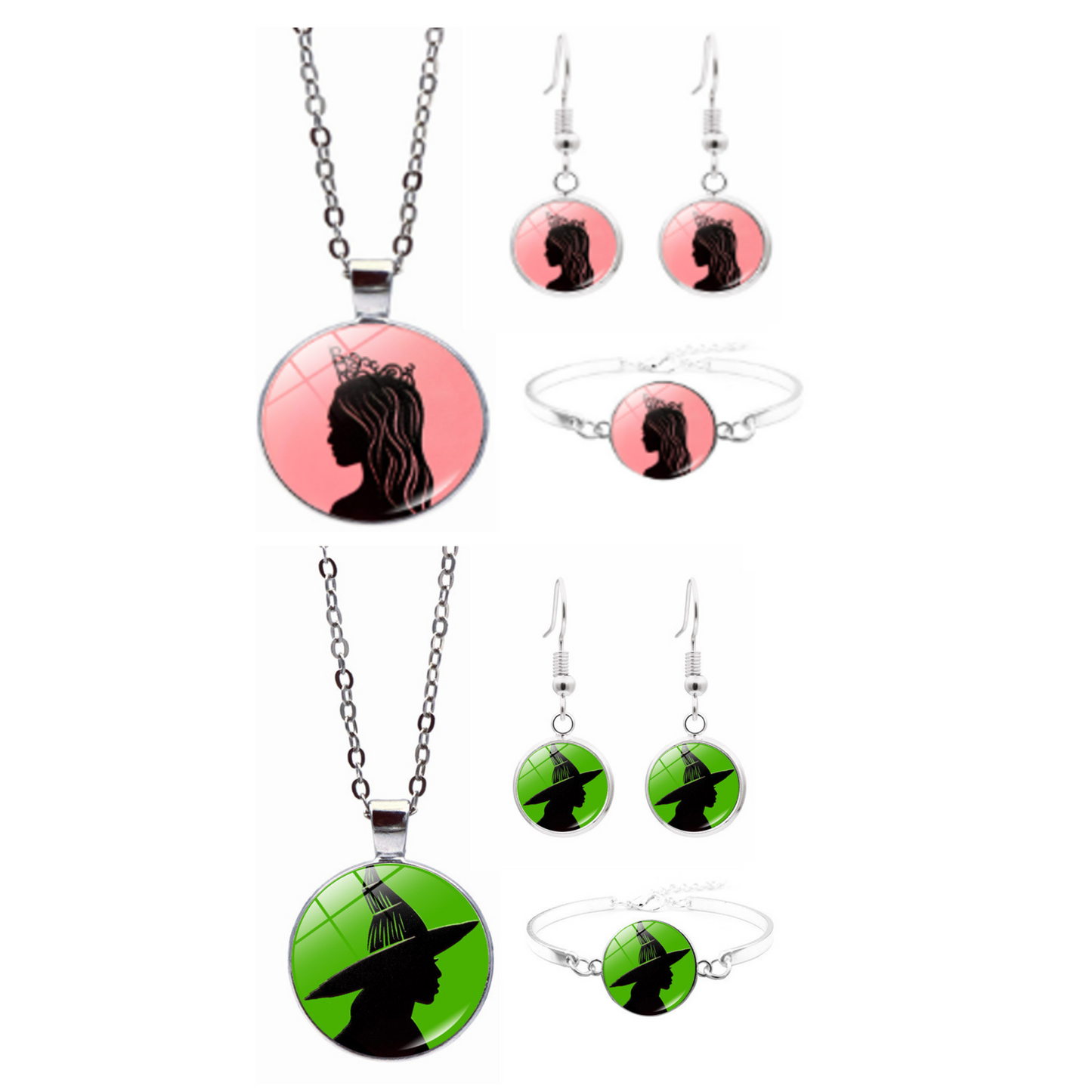 Wicked Witch Inspired Elphaba & Glinda Necklace, Earrings and Bracelet Tri Set 3pcs