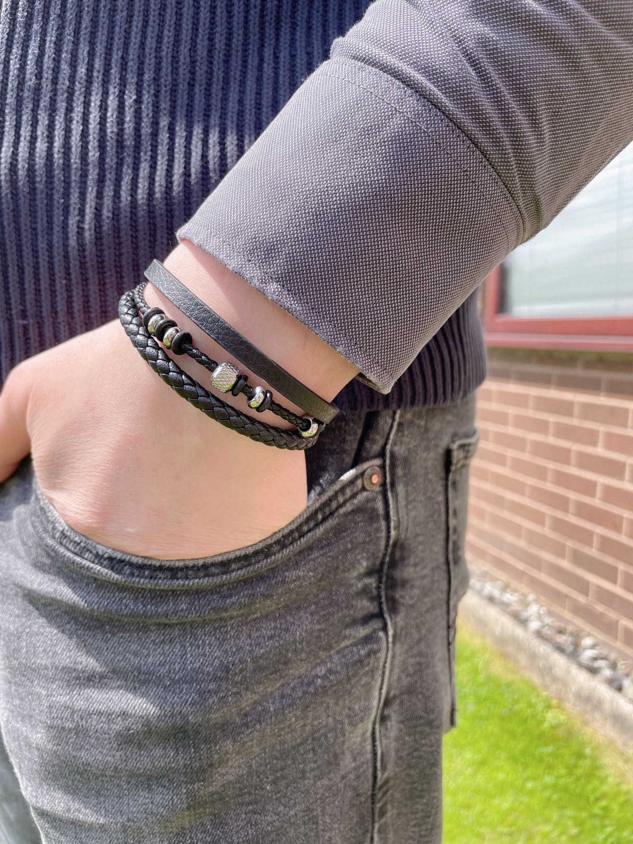 Fashionable 3-Layer Men’s Braised Black Leather Stainless Steel Bracelet