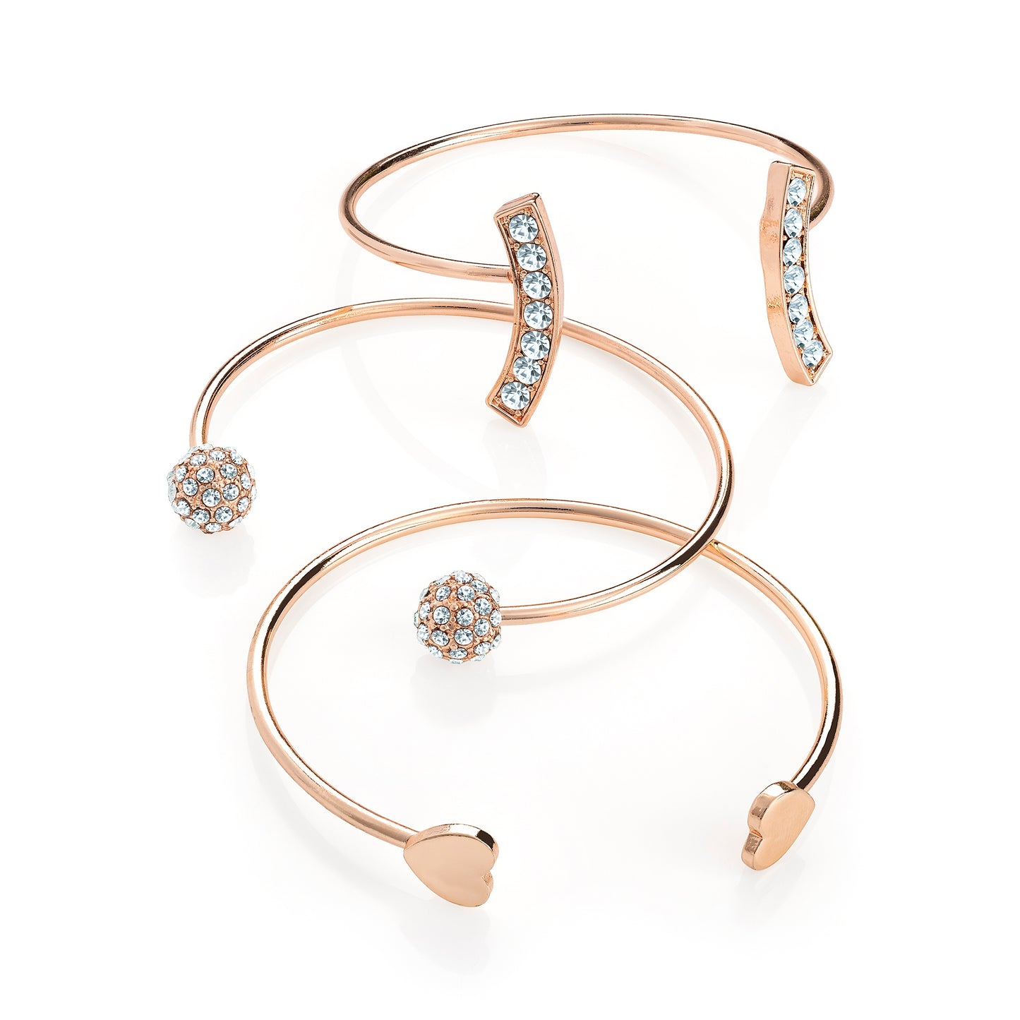 Three Pieces Rose Gold Adjustable Bangle Set with Crystals