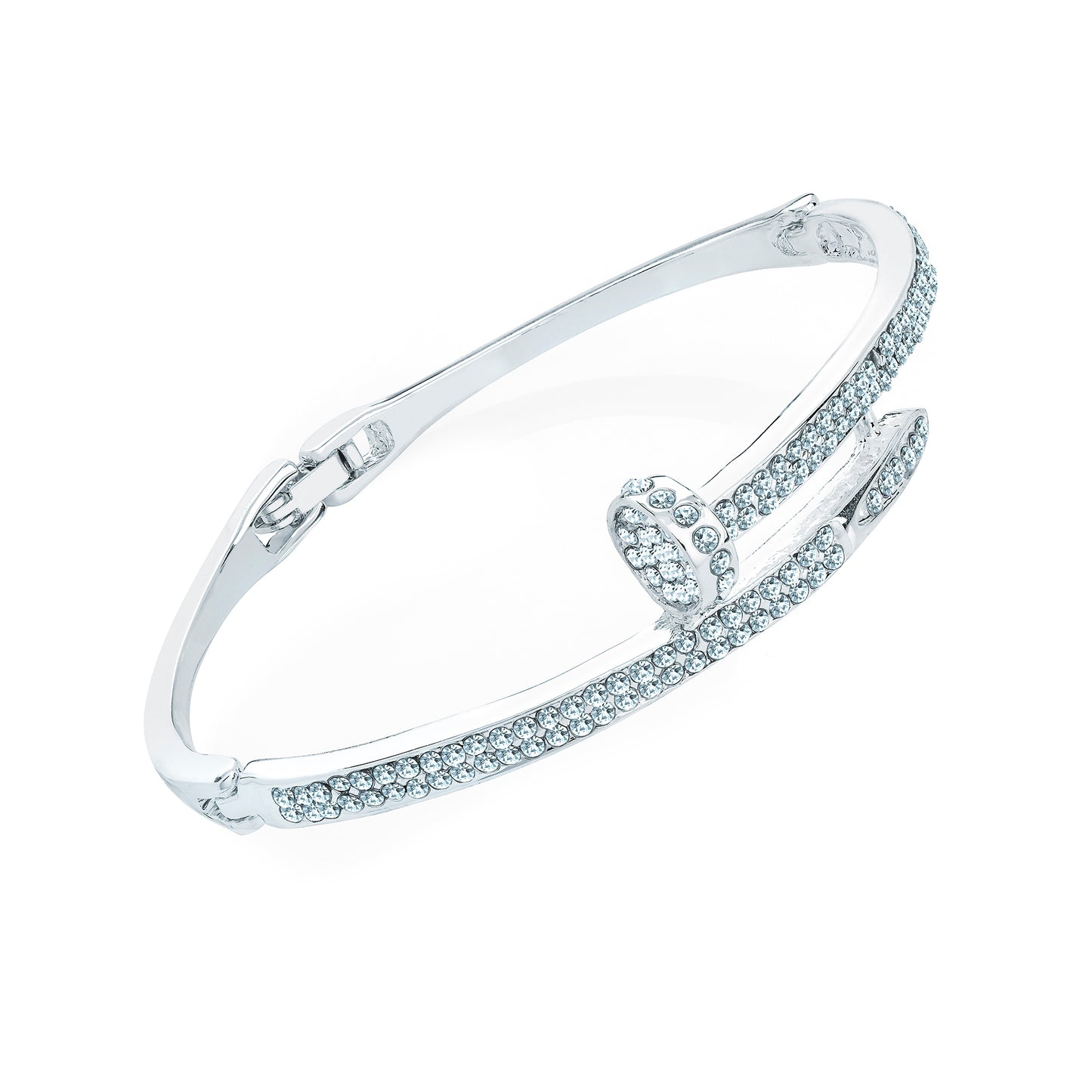 Silver Colour Crystal Nail Design Hinge Bangle