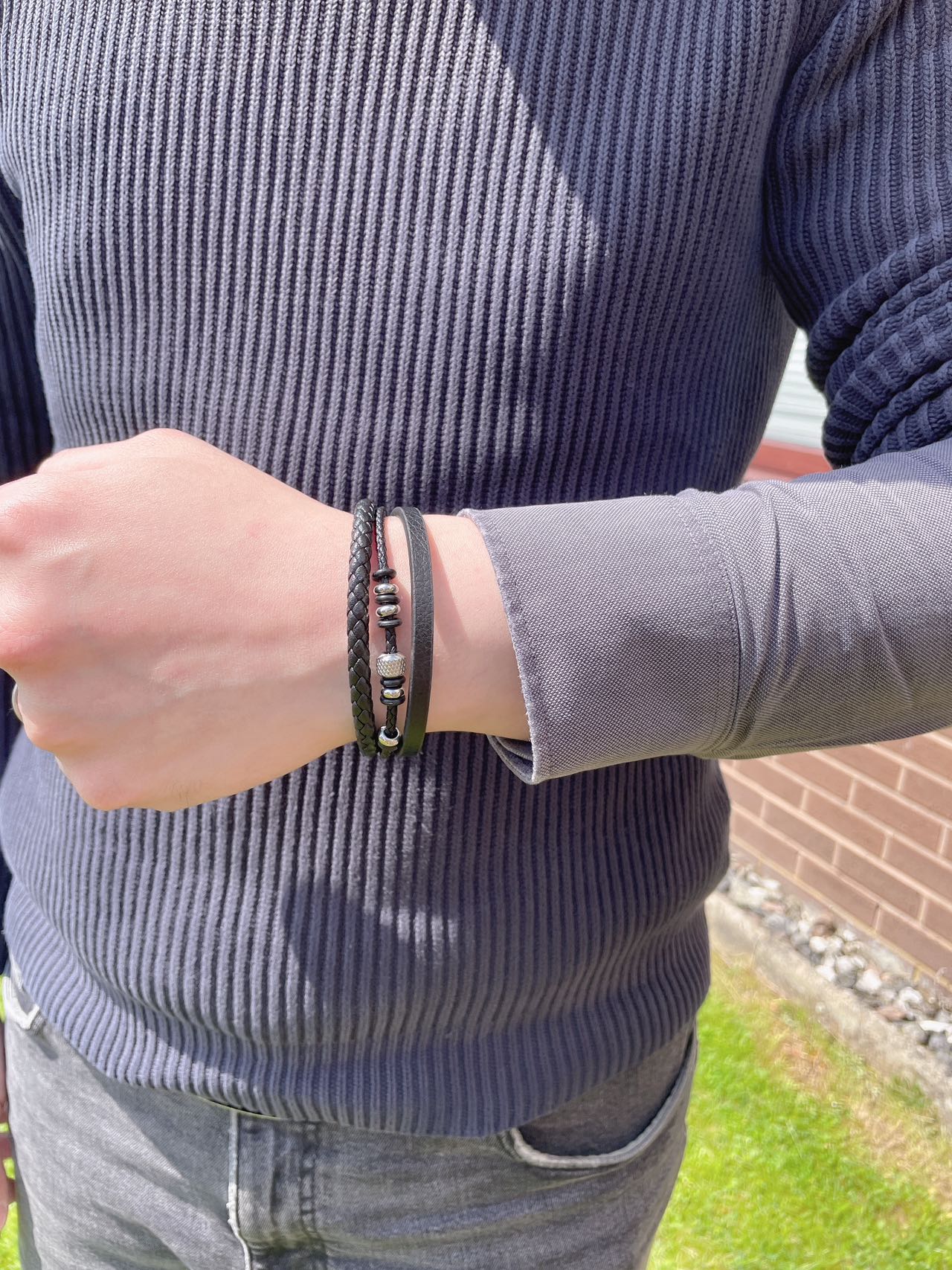 Fashionable 3-Layer Men’s Braised Black Leather Stainless Steel Bracelet