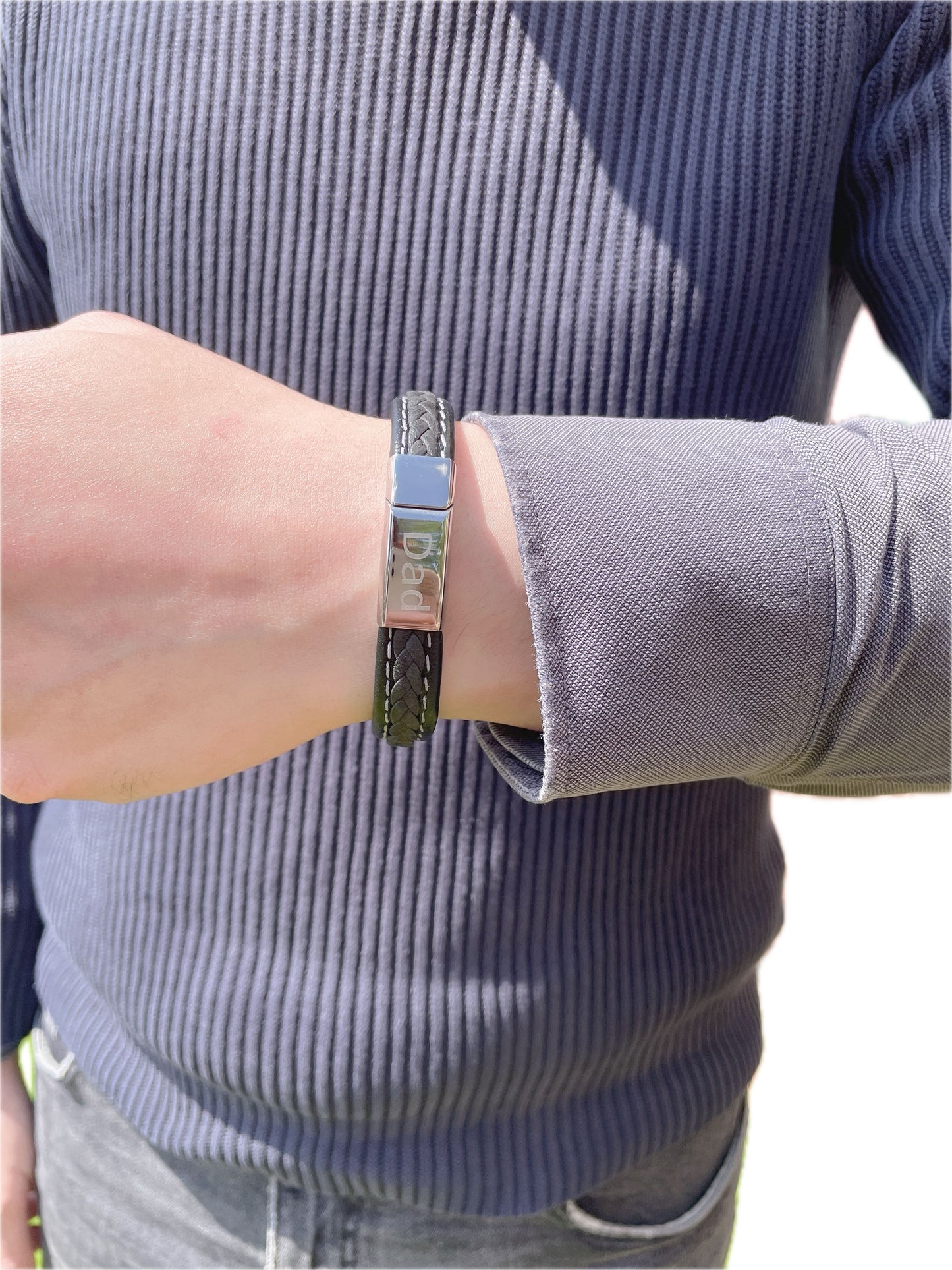Timeless Love: Men's Black Leather Bracelet with 'Dad' and 'Love Forever' Engraving