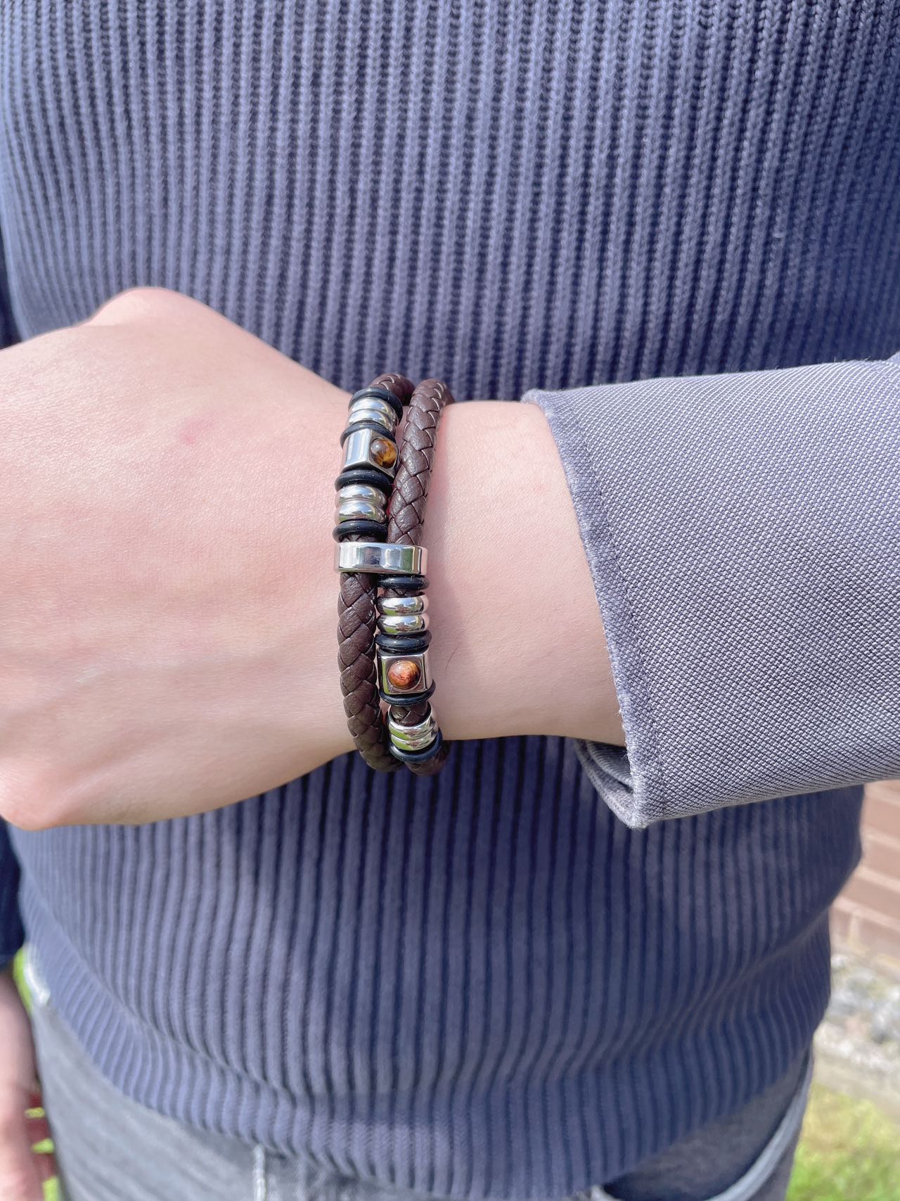 Men’s Hidden Hundred Languages Projection 2-Layer Stainless Steel Beaded Brown Leather Braided Bracelet