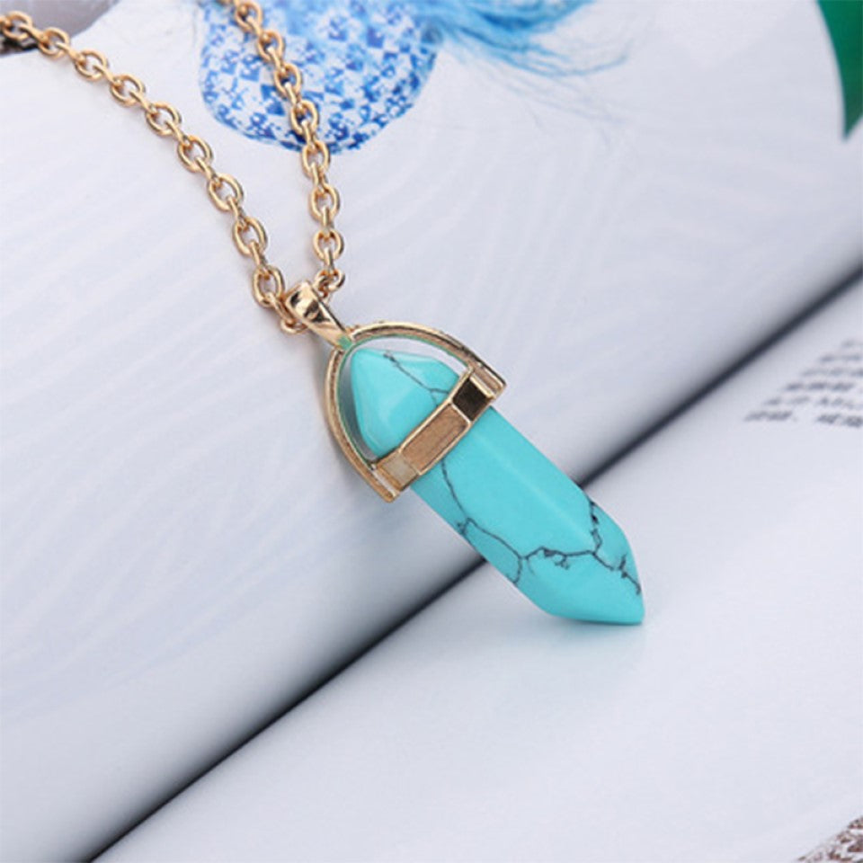 Hexagonal Pillar Crystal Turquoise Necklace – Gold or Silver