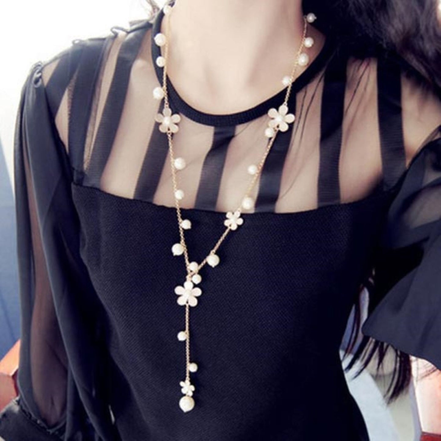 Fashion Pearls and Five Petal Floral White Flower Tassel Gold Long Necklace