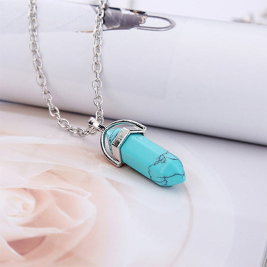 Hexagonal Pillar Crystal Turquoise Necklace – Gold or Silver