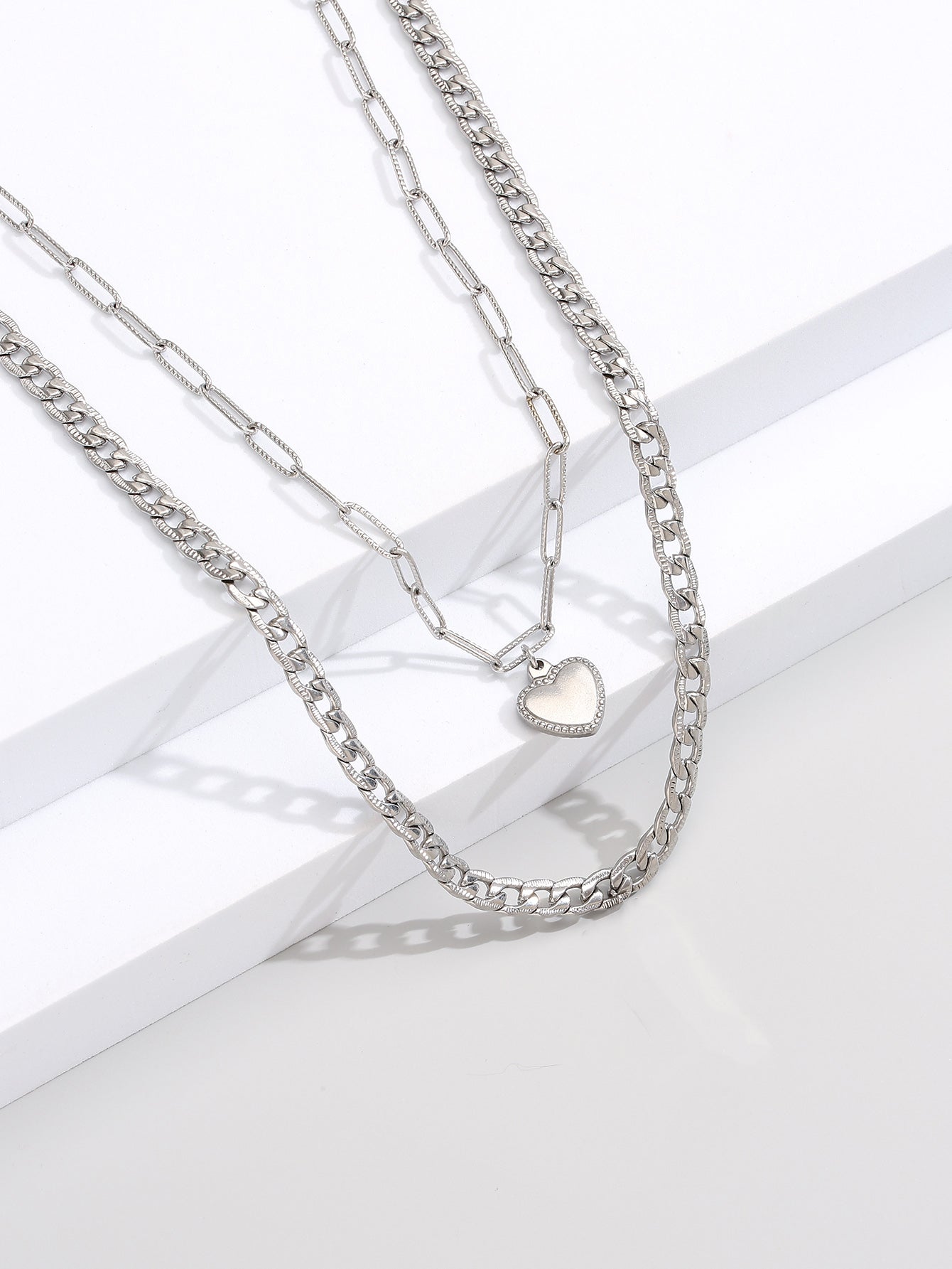 Stylish Silver Double-layer Cable Chain with Heart Pendant Necklace
