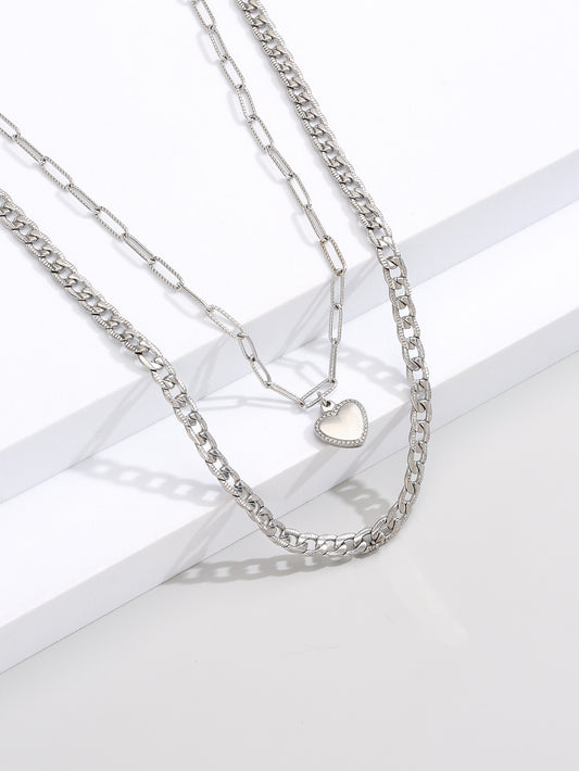 Stylish Silver Double-layer Cable Chain with Heart Pendant Necklace