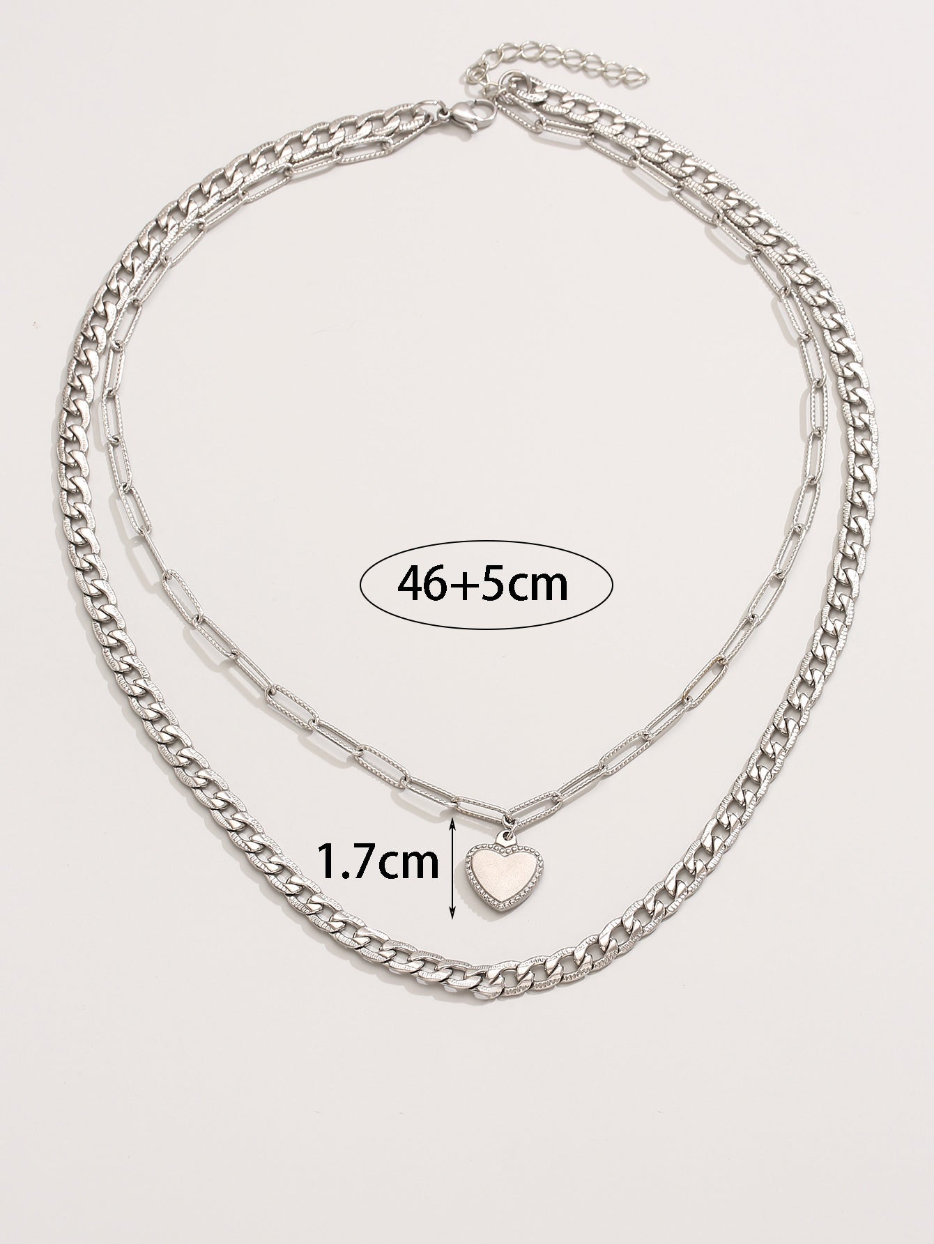 Stylish Silver Double-layer Cable Chain with Heart Pendant Necklace