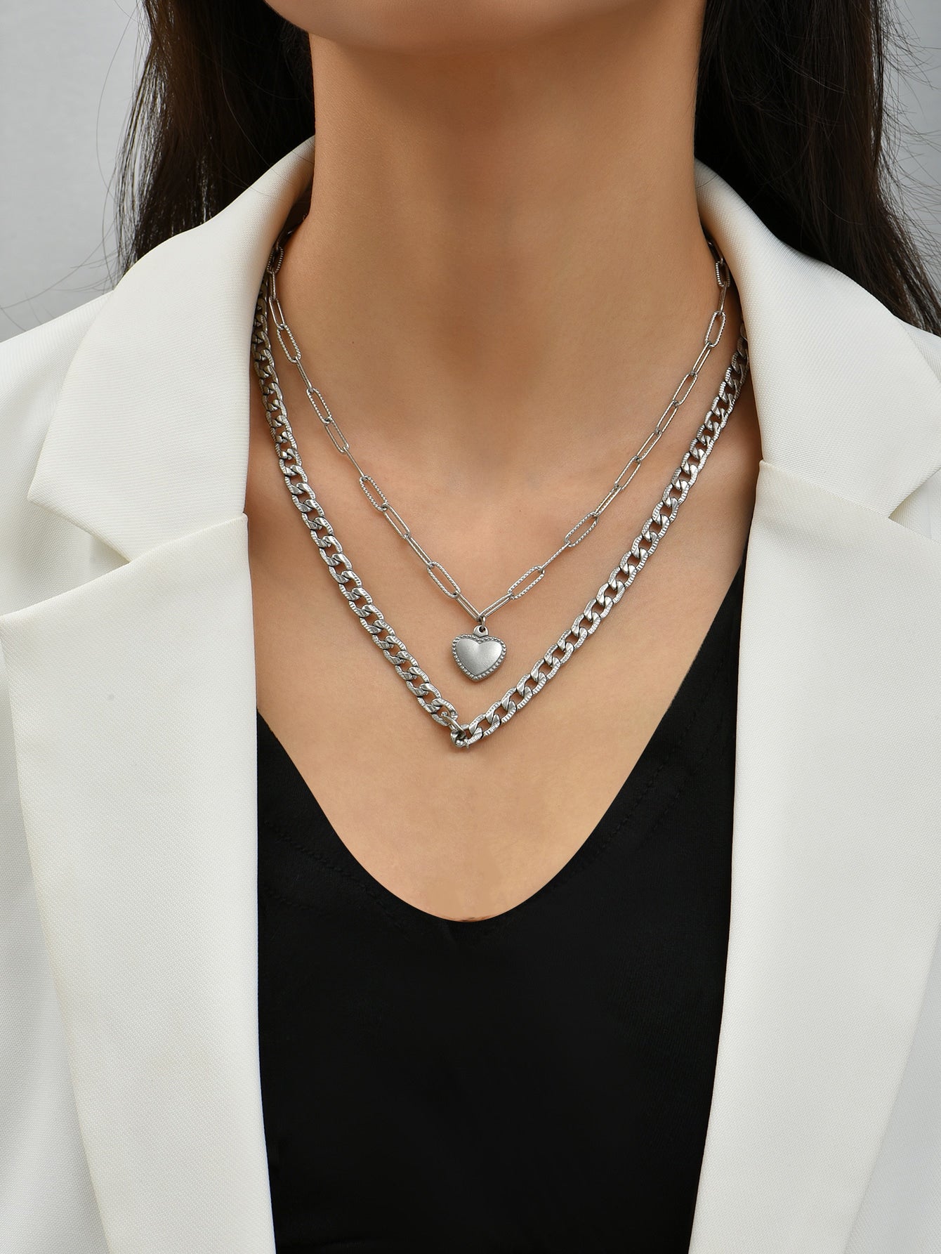 Stylish Silver Double-layer Cable Chain with Heart Pendant Necklace