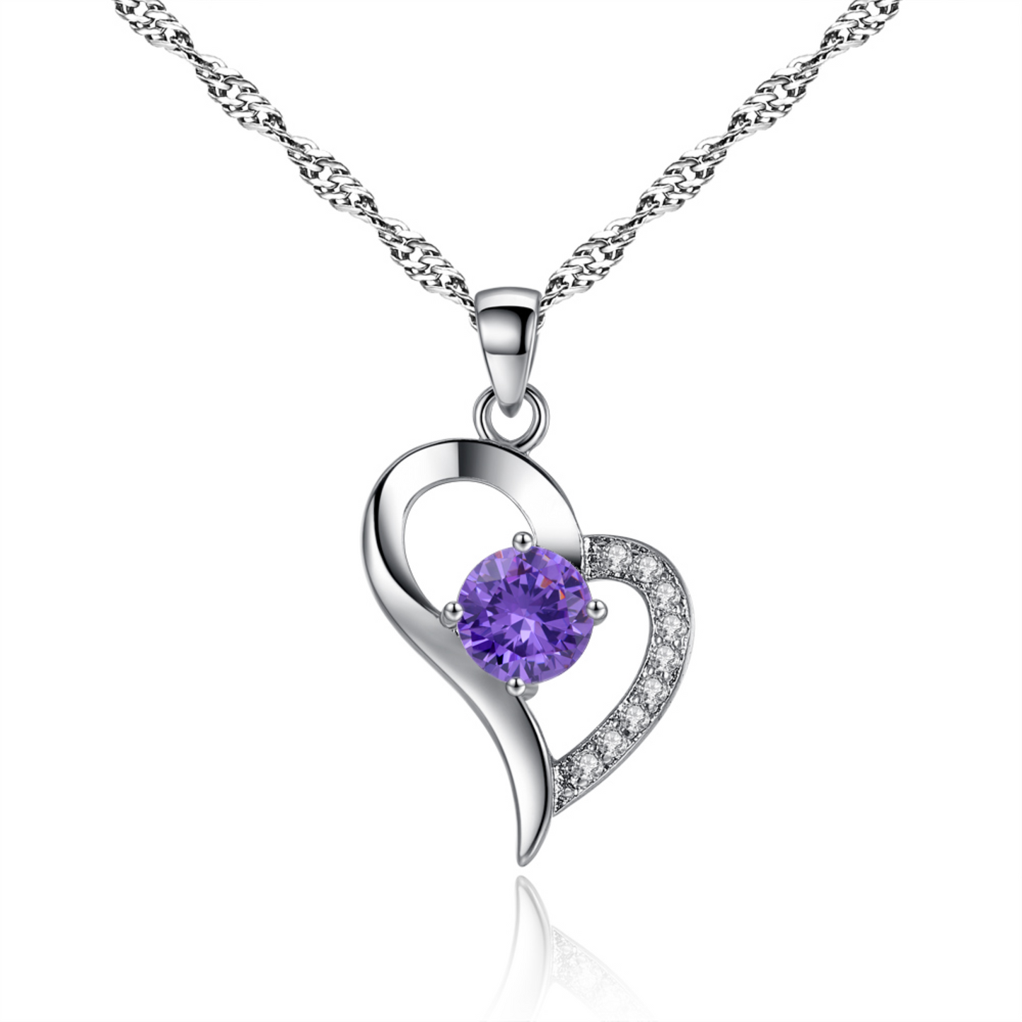 Silver Tone Heart-shaped pendant with Purple Crystal