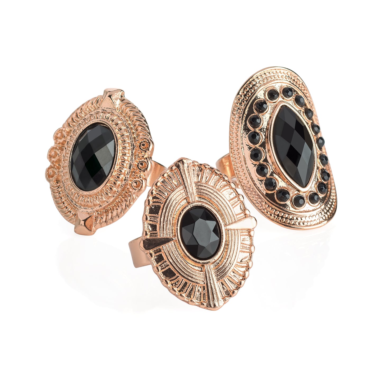 Three Pieces Rosegold Colour and Black Bead Adjustable Ring set