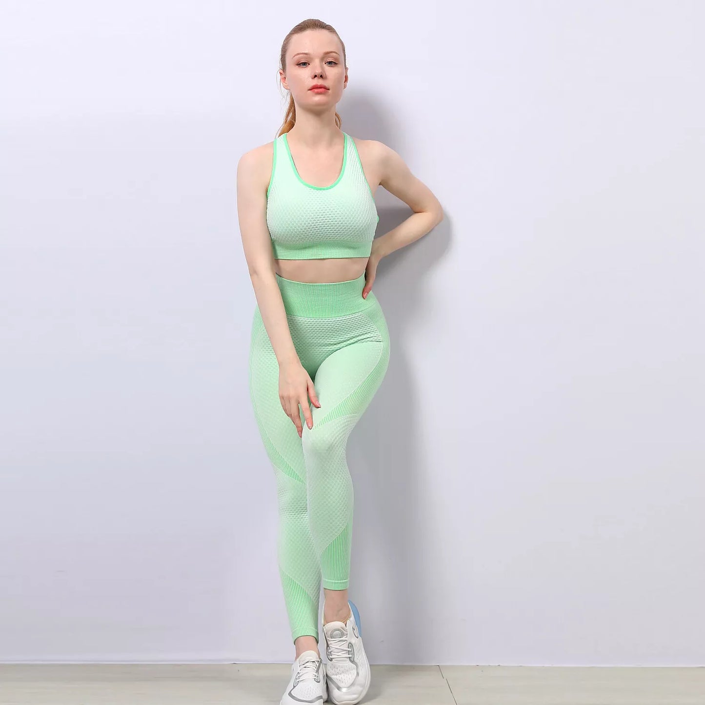 2 Pieces Yoga Gym Set Women Fitness Suit Leggings Jacket Bra in Lime Green