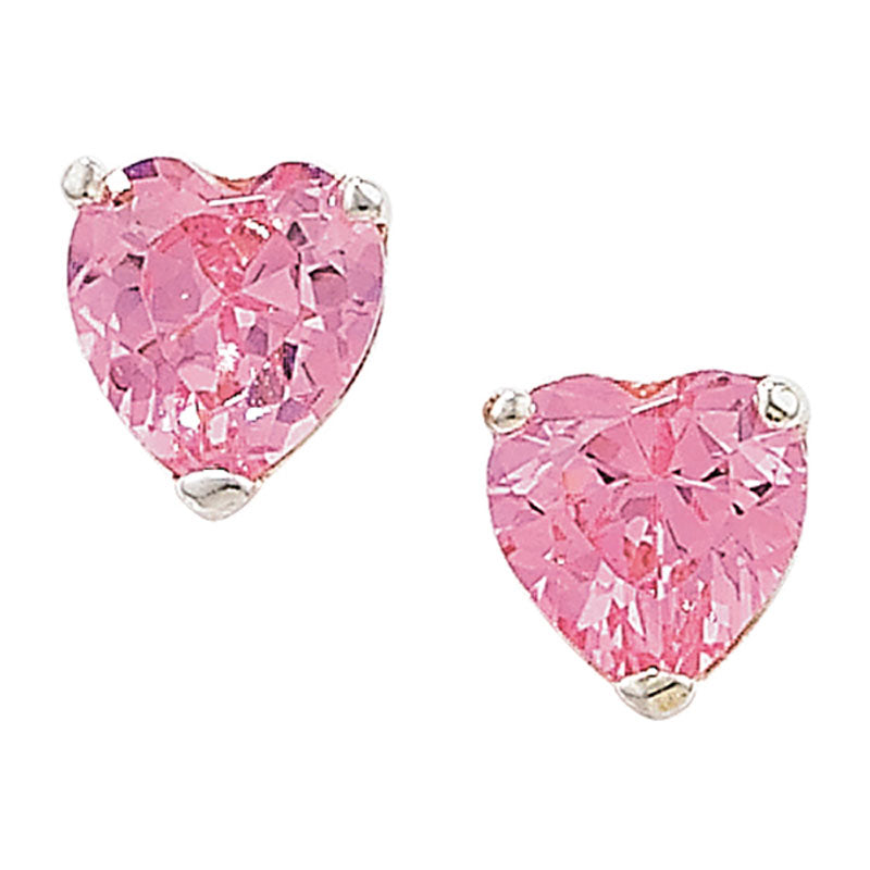 Sterling Silver Cubic Zirconia Pink 6mm x 6mm Heart Stud Earrings